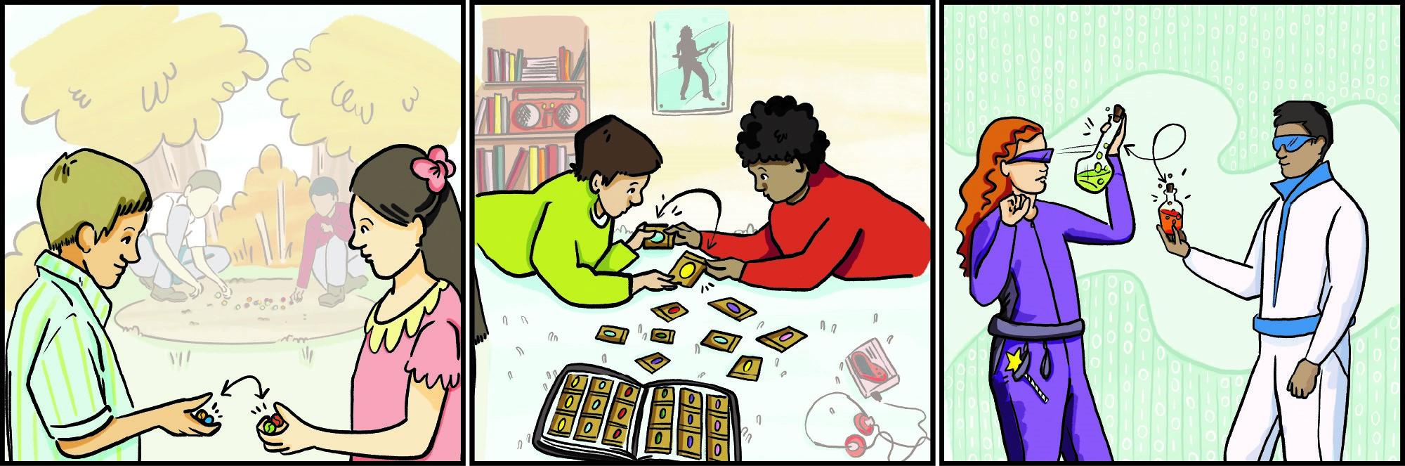 Cartoon, 3 panels, kids in park trading marbles, kids in bedroom trading cards, kids in a virtual world trading valuables in a game.