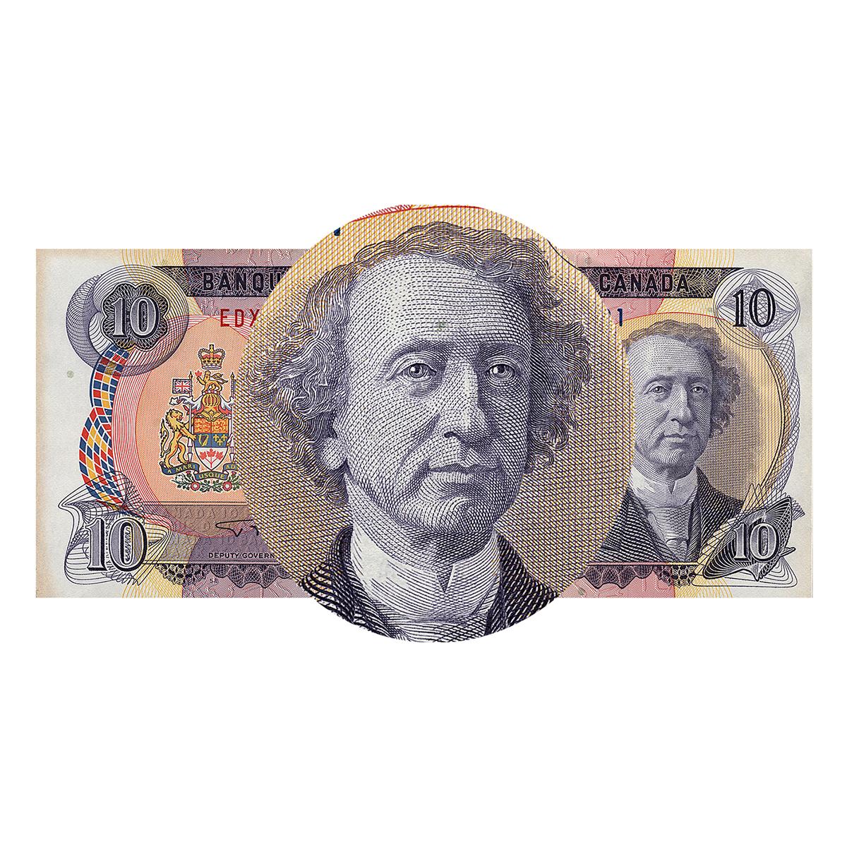 Bank note portrait of middle-aged man with curly hair and in a high collar.