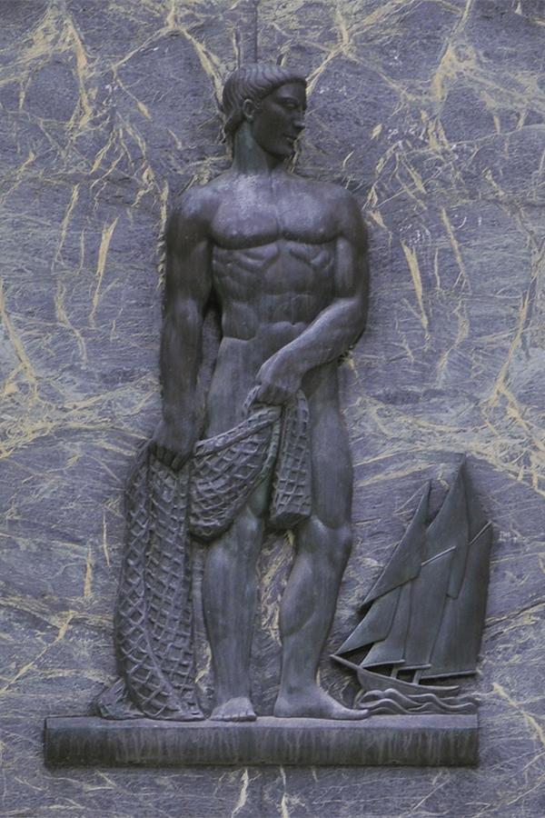 Collection of 7 images, each a bronze classical-design figure, alongside items that represent a trade.