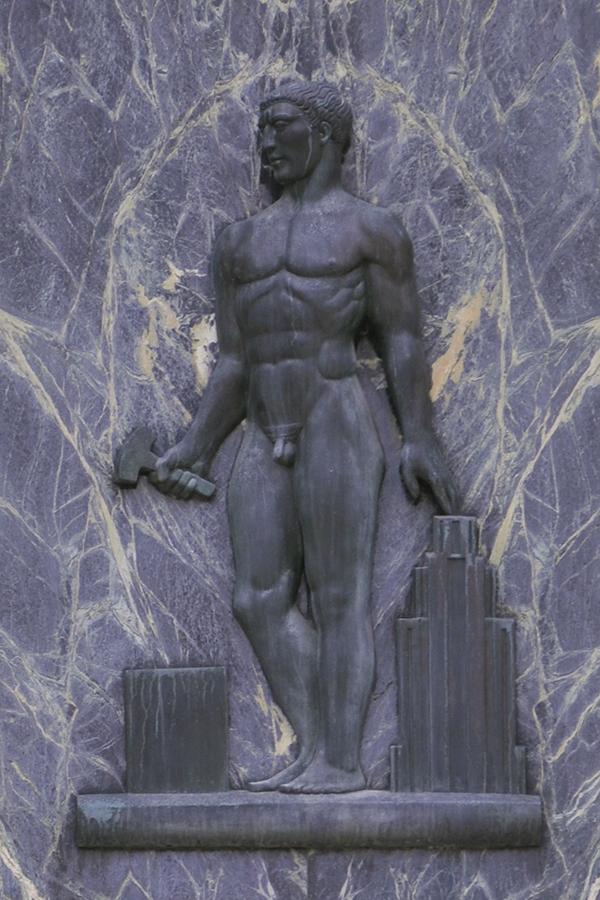 Collection of 7 images, each a bronze classical-design figure, alongside items that represent a trade.