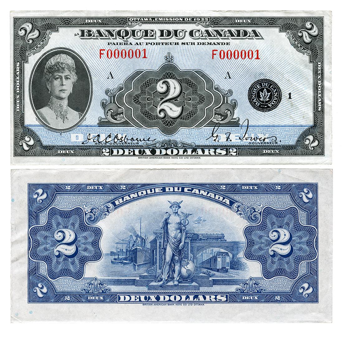 Bank note, elaborate geometric patterns; front, woman, curly grey hair, diamond crown; back, man in winged helmet, examples of transportation.