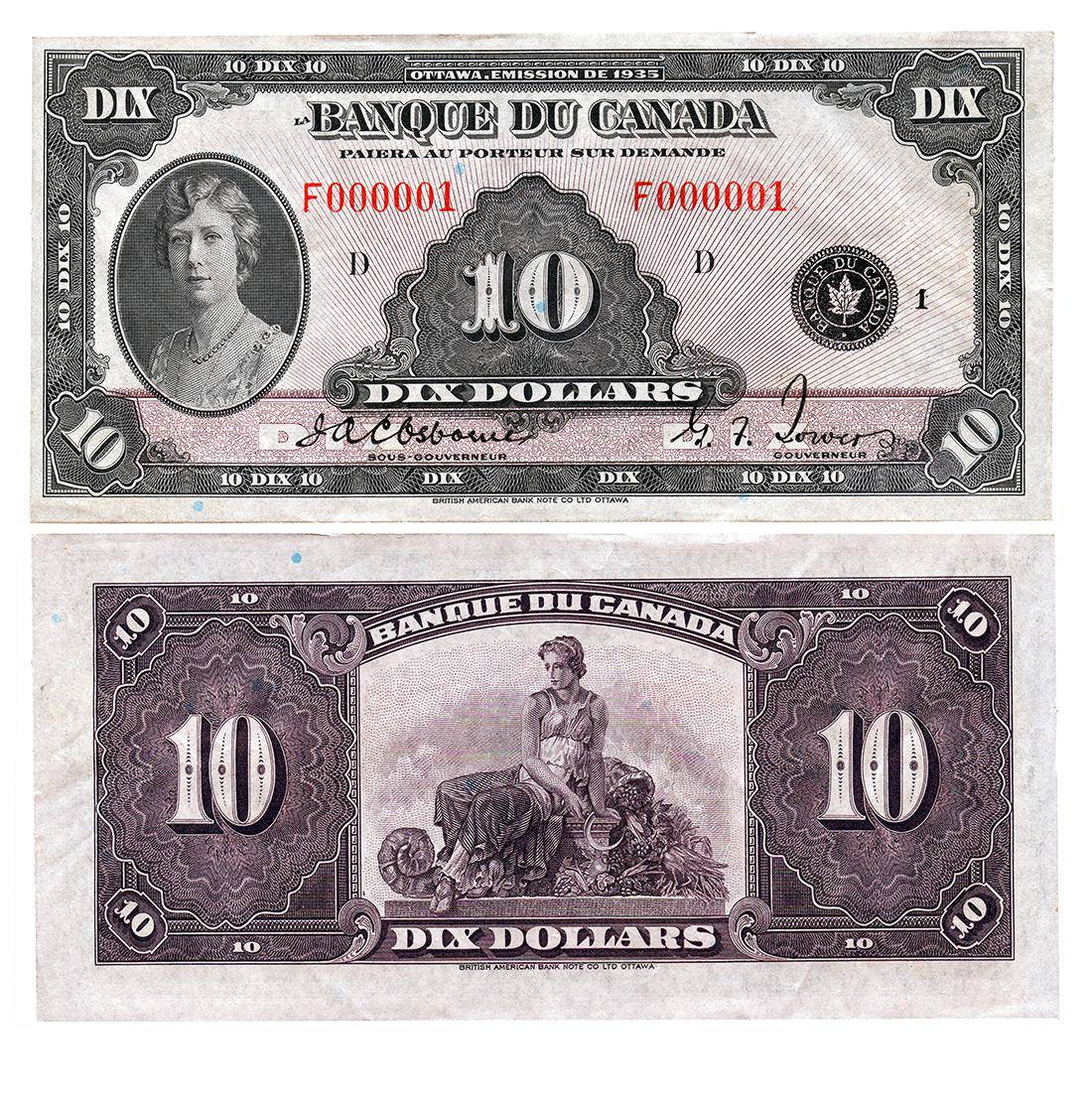 Bank note, elaborate geometric patterns; front, young woman, wavy hair, necklace; back, robed woman with scythe and harvest vegetables.