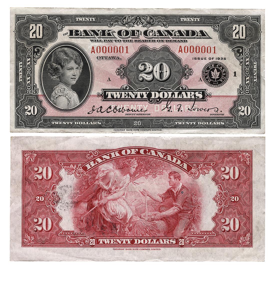 Bank note, elaborate geometric patterns; front, little girl, curly hair; back, robed woman, male farmer pouring grain from his hand.