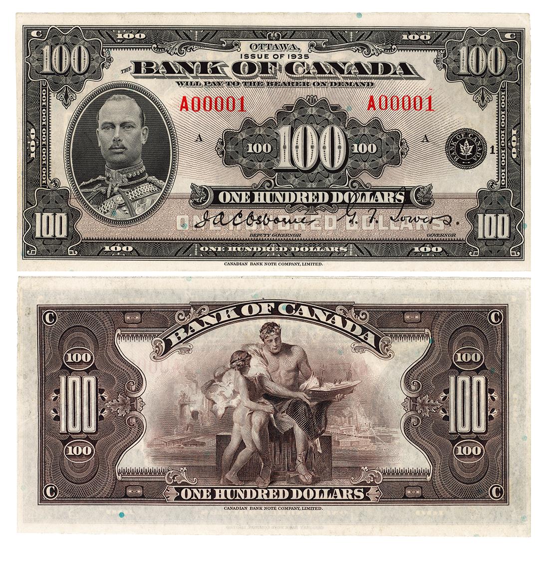Bank note, elaborate geometric patterns; front, young man, military uniform; back, industrial landscape, child with man holding model ship.