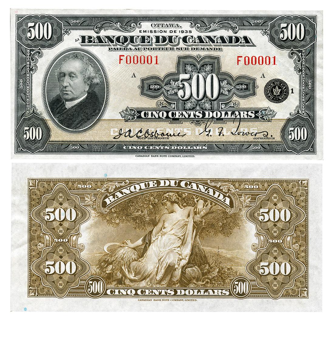 Bank note, elaborate geometric patterns; front, balding man in tall shirt collar and jacket with fur collar; back, robed woman and harvest items.