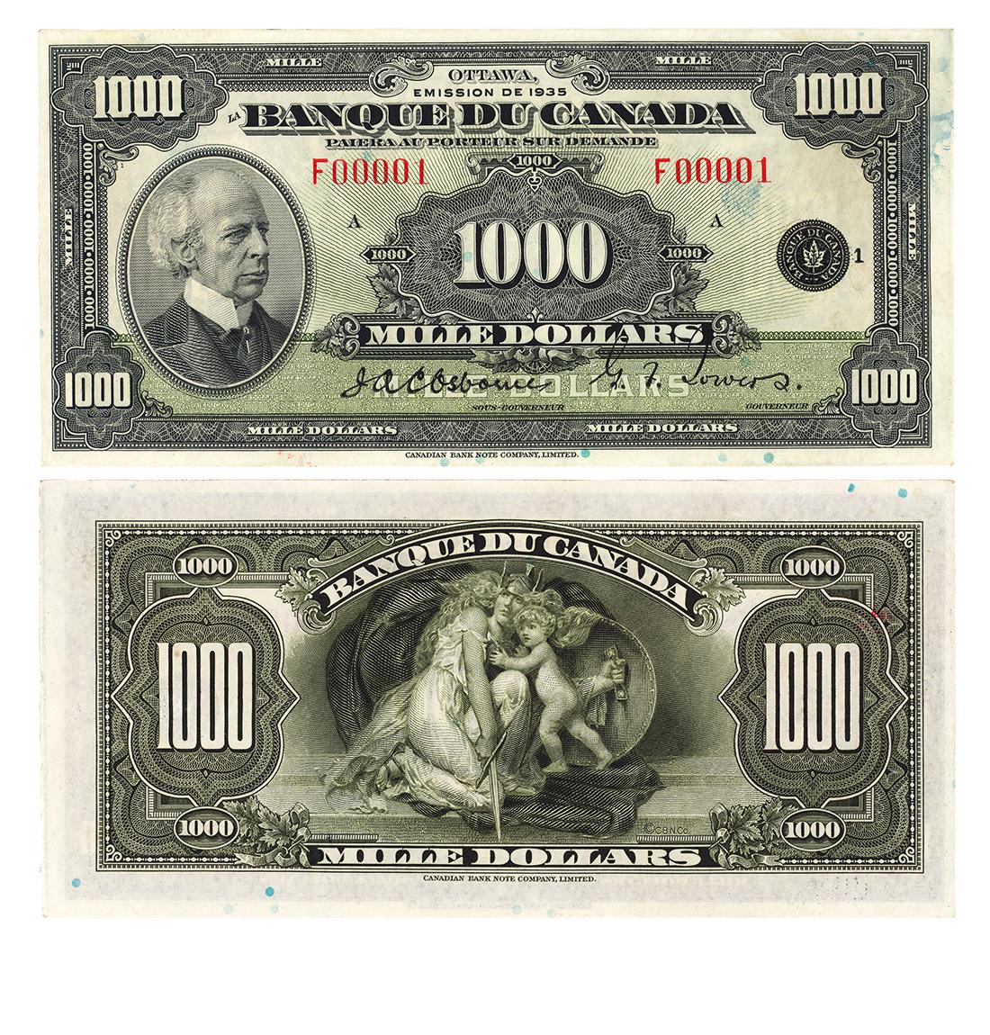 Bank note, elaborate geometric patterns; front, balding man in tall shirt collar, bow tie; back, woman with sword, shield and baby.