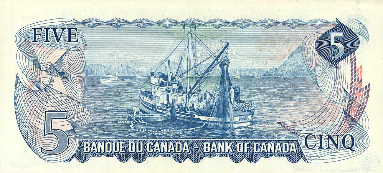 Bank note, seascape, mountainous islands, fishing boat hauling in a net.