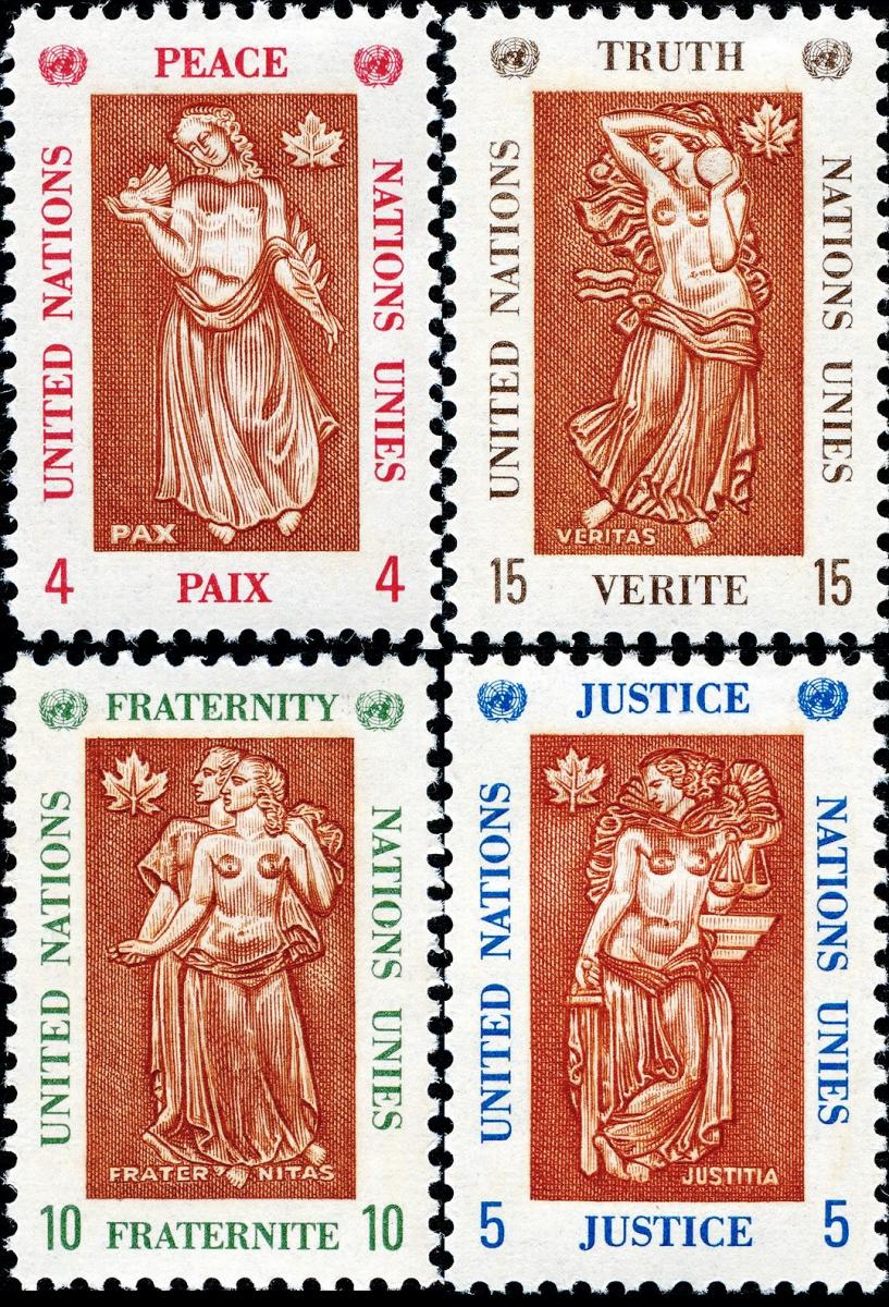Postage stamps, 4, semi-nude sculptural figures representing virtues.