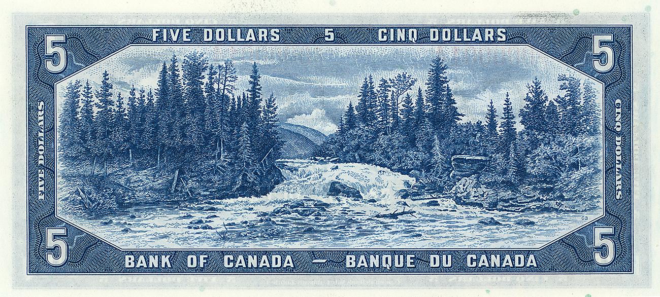Bank note, blue, mountain landscape, low waterfall streaming from a forest.