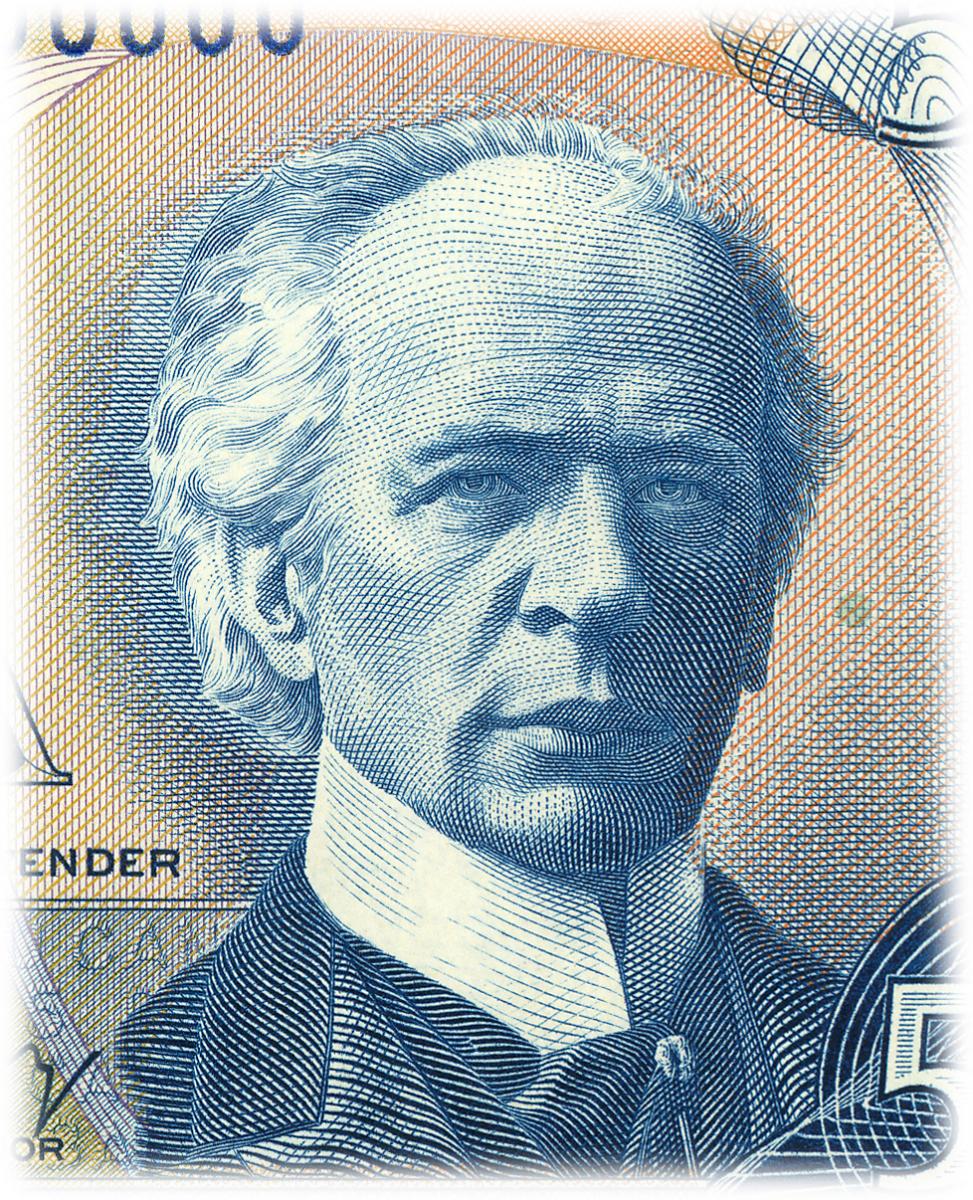 Bank note engraving, late-middle-aged white man with receded grey hair and a high collar: Sir Wilfrid Laurier.