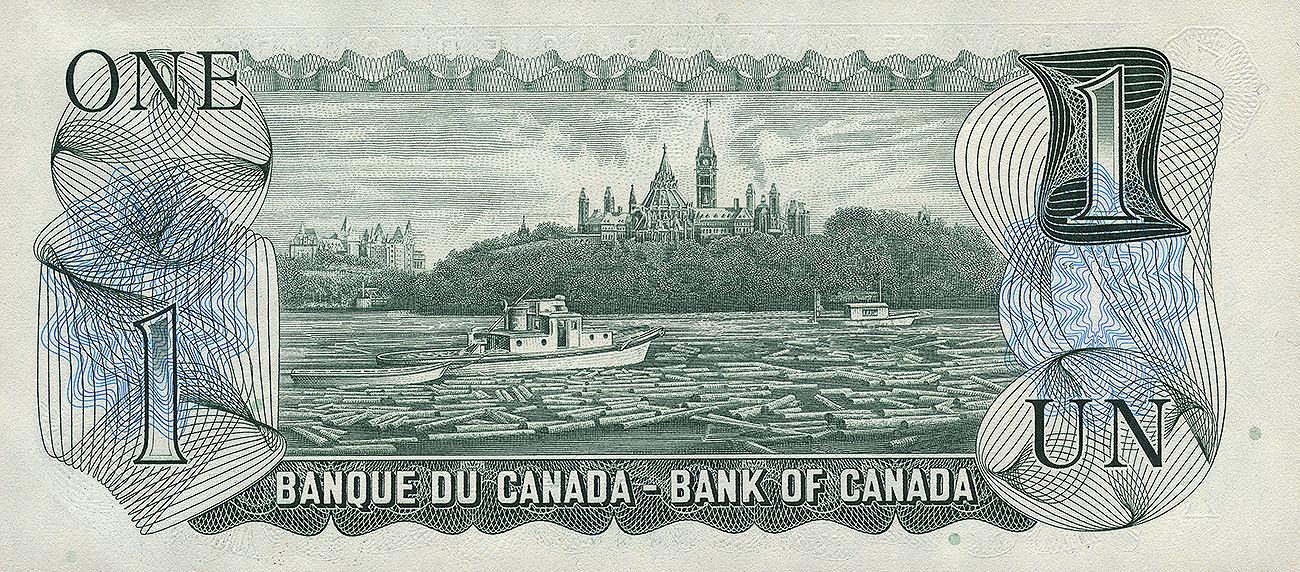 Bank note, river covered in floating logs, small tugboats, background of forested hill with towers.