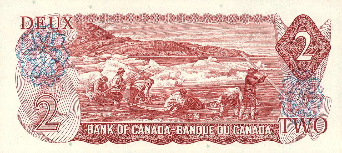 Bank note, Arctic seascape, low mountains, floating ice, several men preparing a kayak.