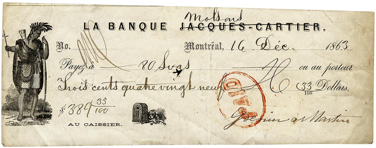 Small document, old, with printed text, handwriting and a male Indigenous figure.