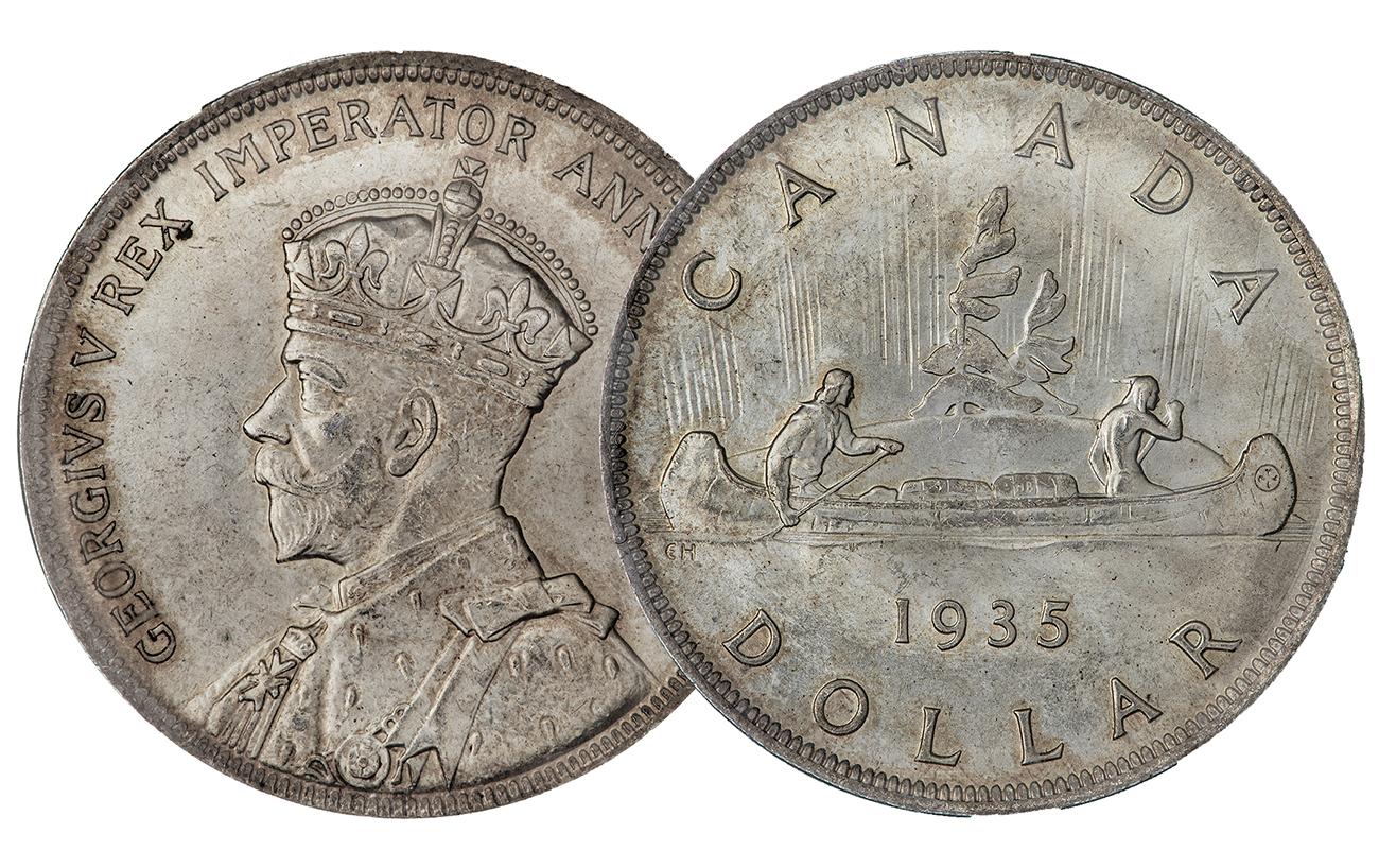 Coin, silver, bearded man in crown on front, 2 men paddling a canoe on back.