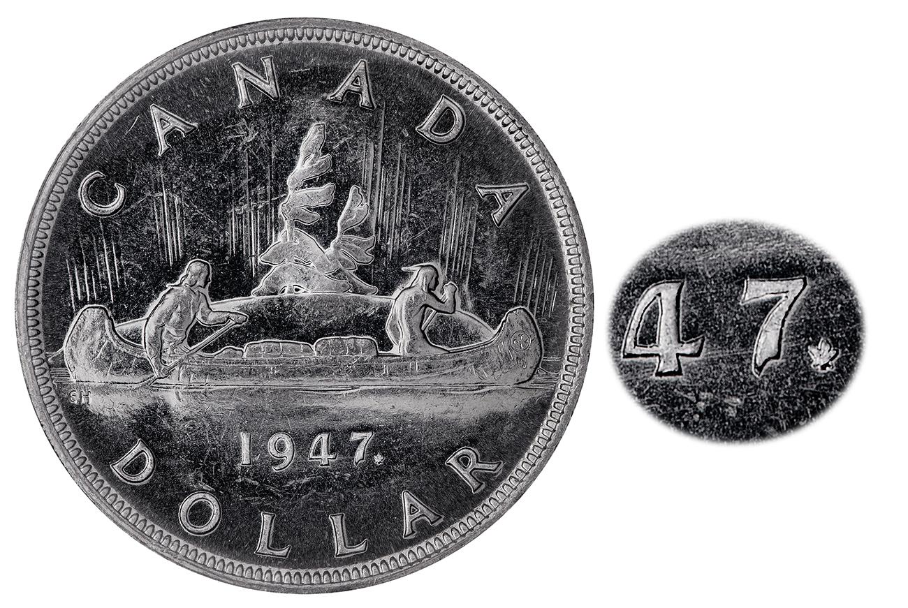 Coin, silver, 2 men paddling a canoe, enlarged section showing a maple leaf next to the date.