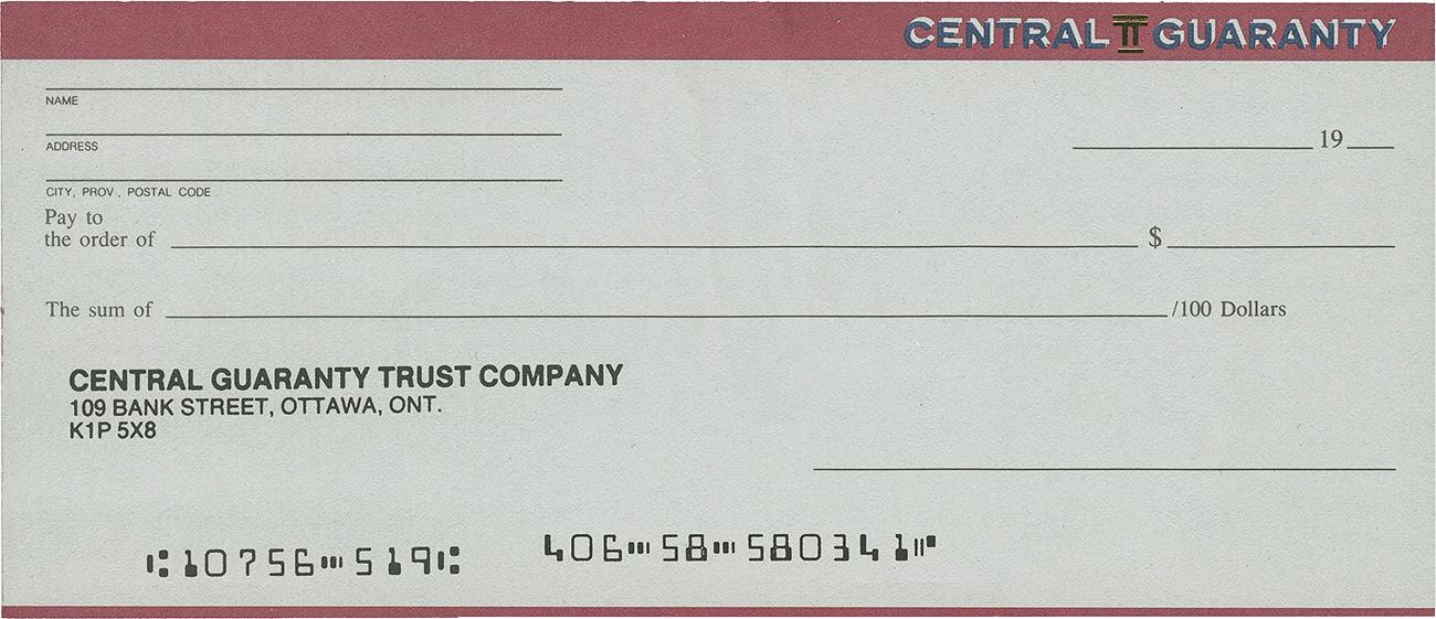 Small document, black printed text on gray paper, red band with company name at top.