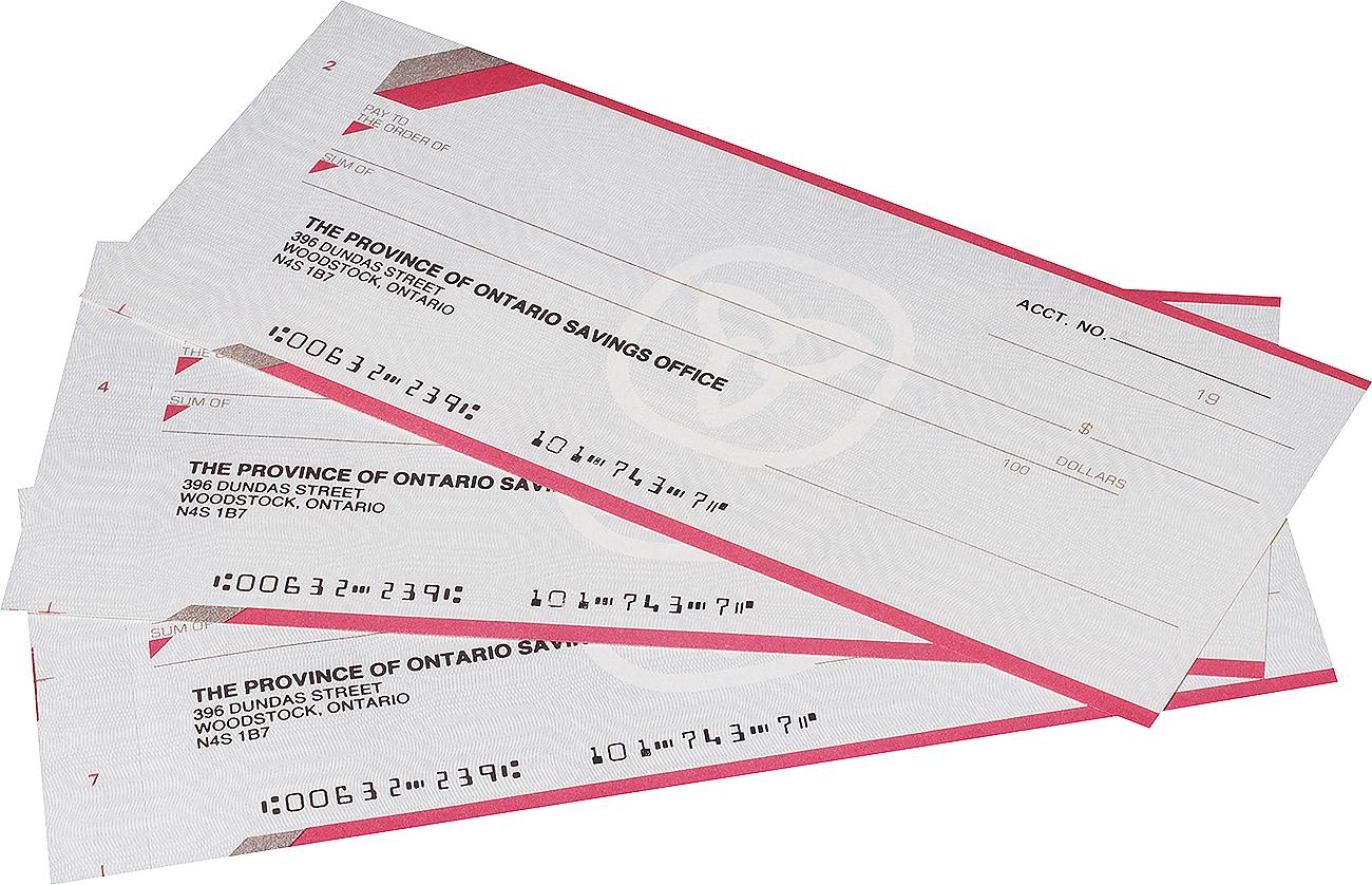 Three small documents fanned out, black printed text on gray paper, 3-petal flower logo.