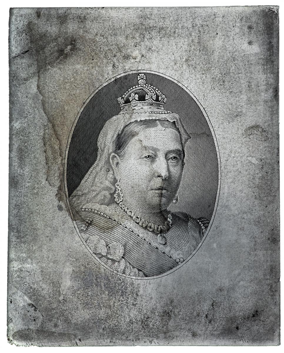 Steel plate, engraving of serious looking older white woman in crown and head scarf, Queen Victoria.