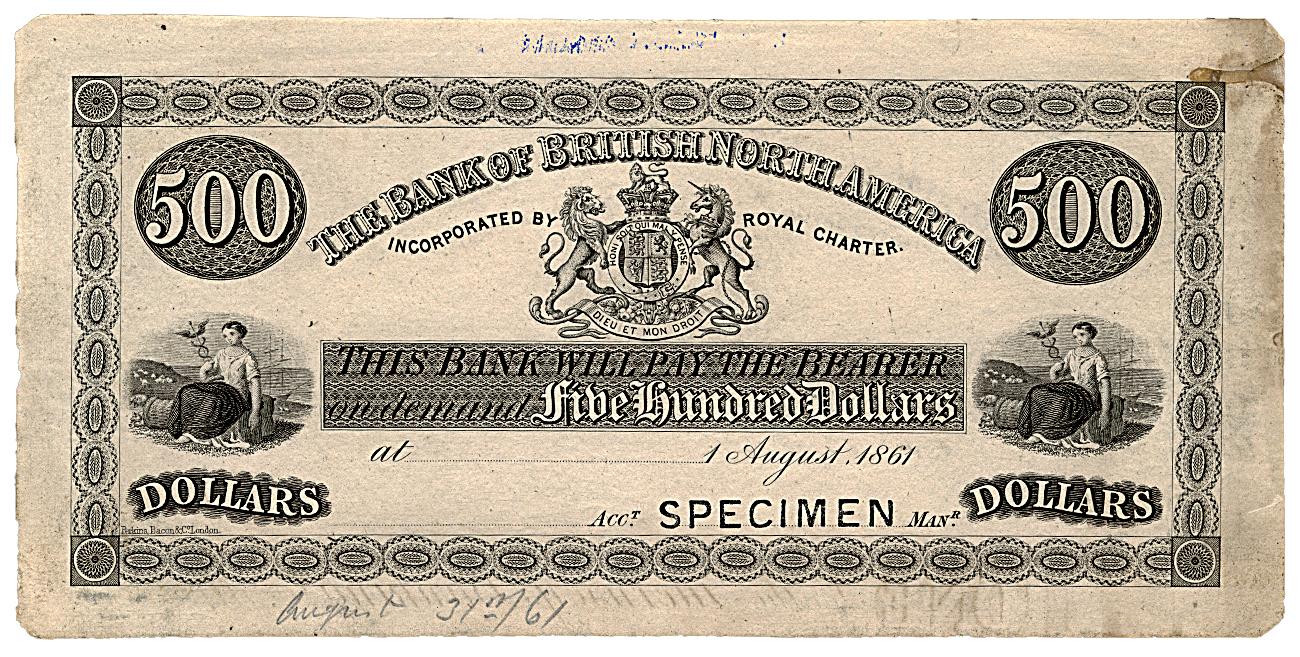 Bank note, old, yellowed paper, black ink, geometric patterns and a coat of arms.