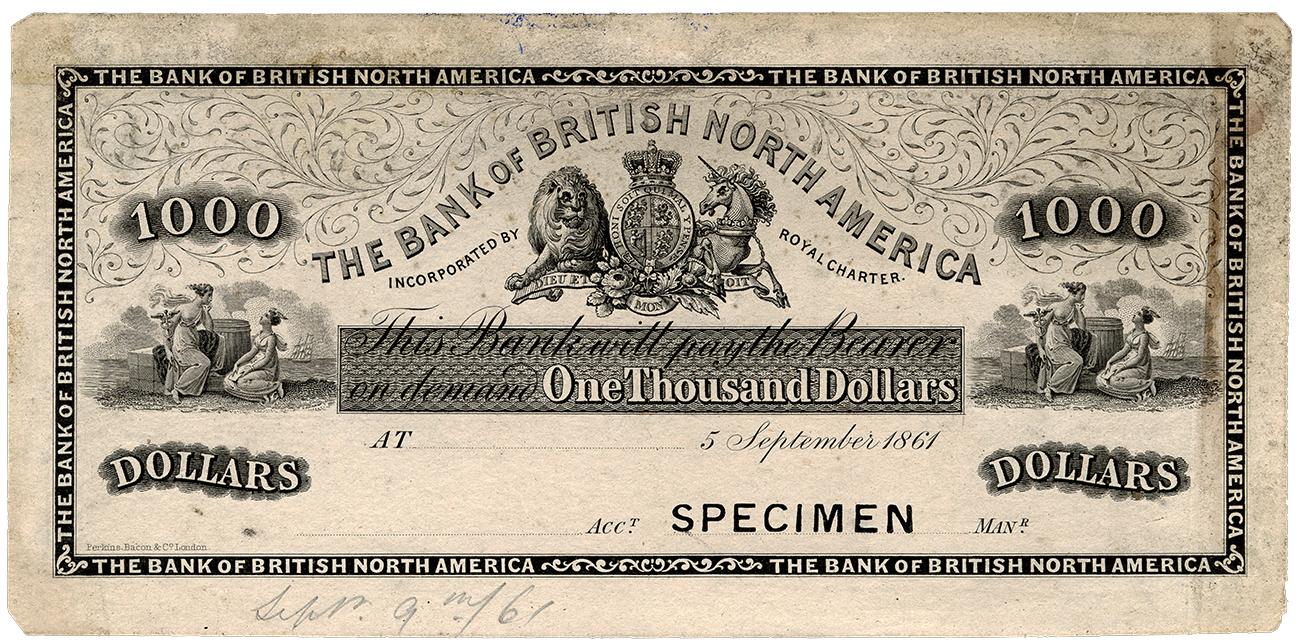 Bank note, yellowed paper, black ink, leaf pattern over a coat of arms with a lion and a unicorn.
