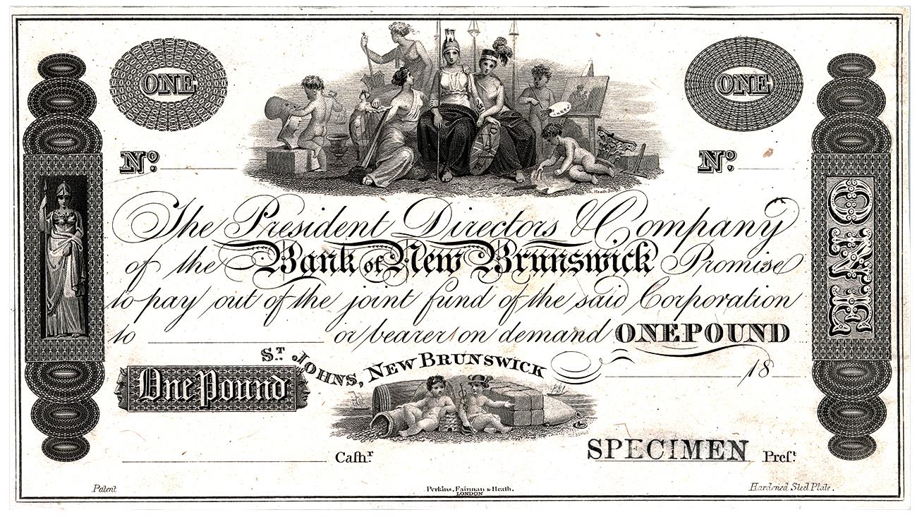 Bank note, black ink on white paper with script and allegorical figures.