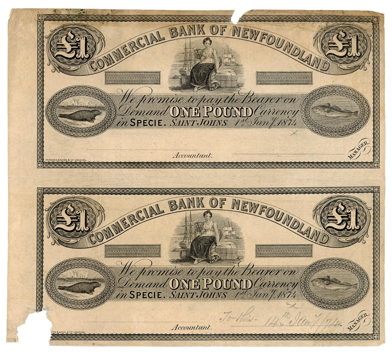 Bank notes, 2, attached together, each with a seal, a cod and an allegory of commerce.