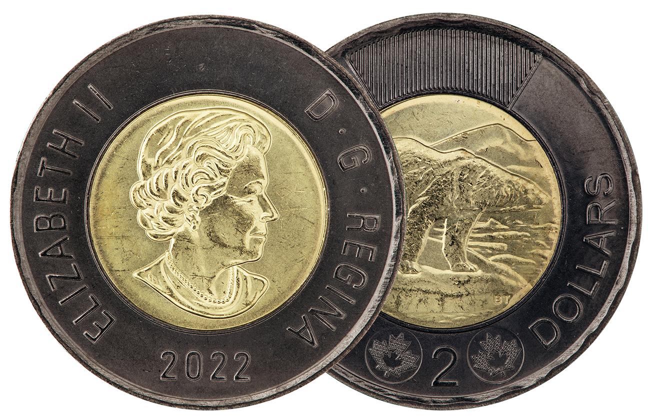 Coin, gold coloured centre with black rim, polar bear on one side and profile of a woman on other.