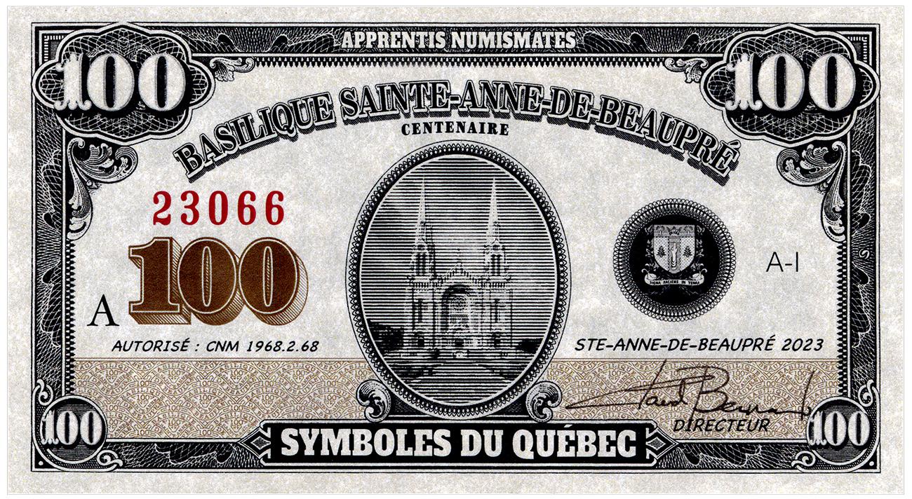 Paper money, elaborate geometric patterns in a frame, large, twin steeple church in an oval.