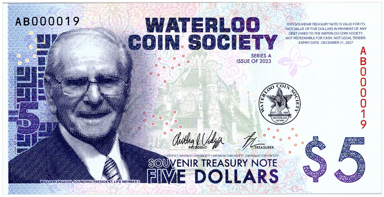 Paper money, smiling middle aged white man in a suit, purple ink.