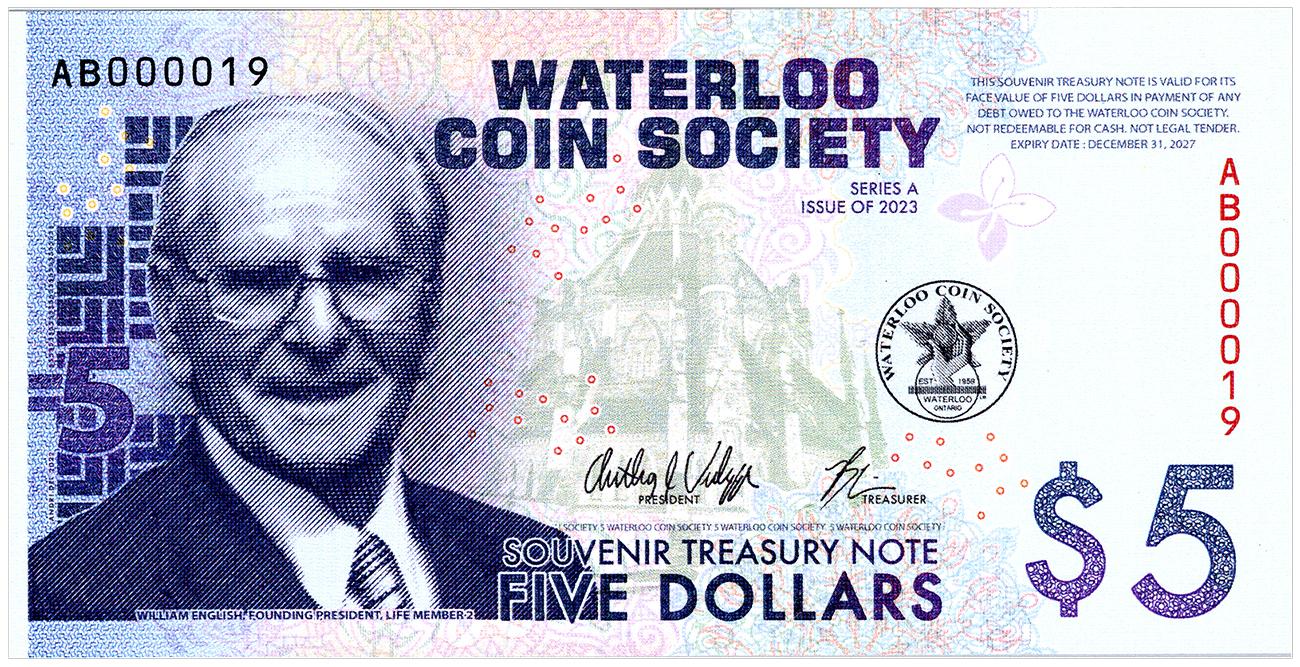 Paper money, smiling middle aged white man in a suit, purple ink.