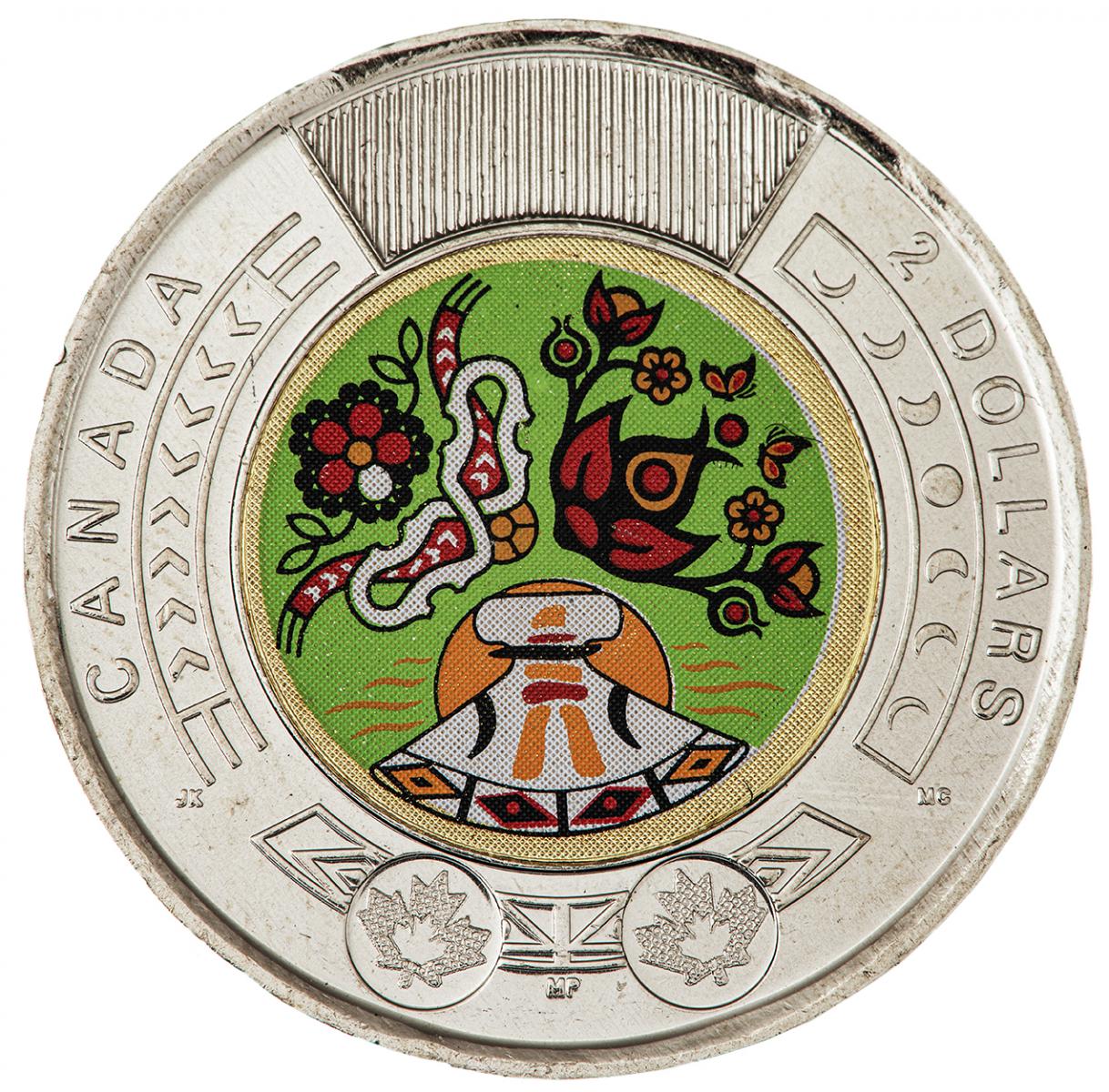 Coin, silver colour with coloured centre image of a flower-patterned painting.
