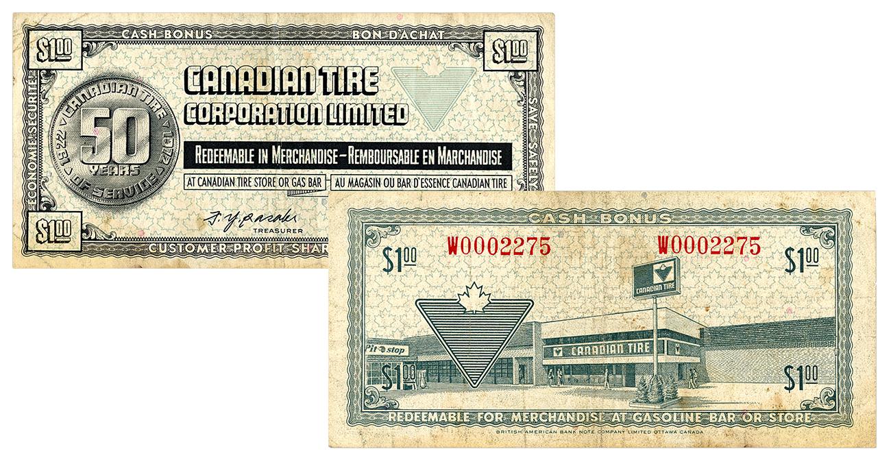 Paper money, front, type and a medallion with 50 on it, back with a large department store.