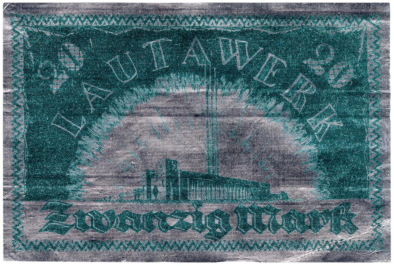 Printed money, silver background, green in, factory with tall chimney.