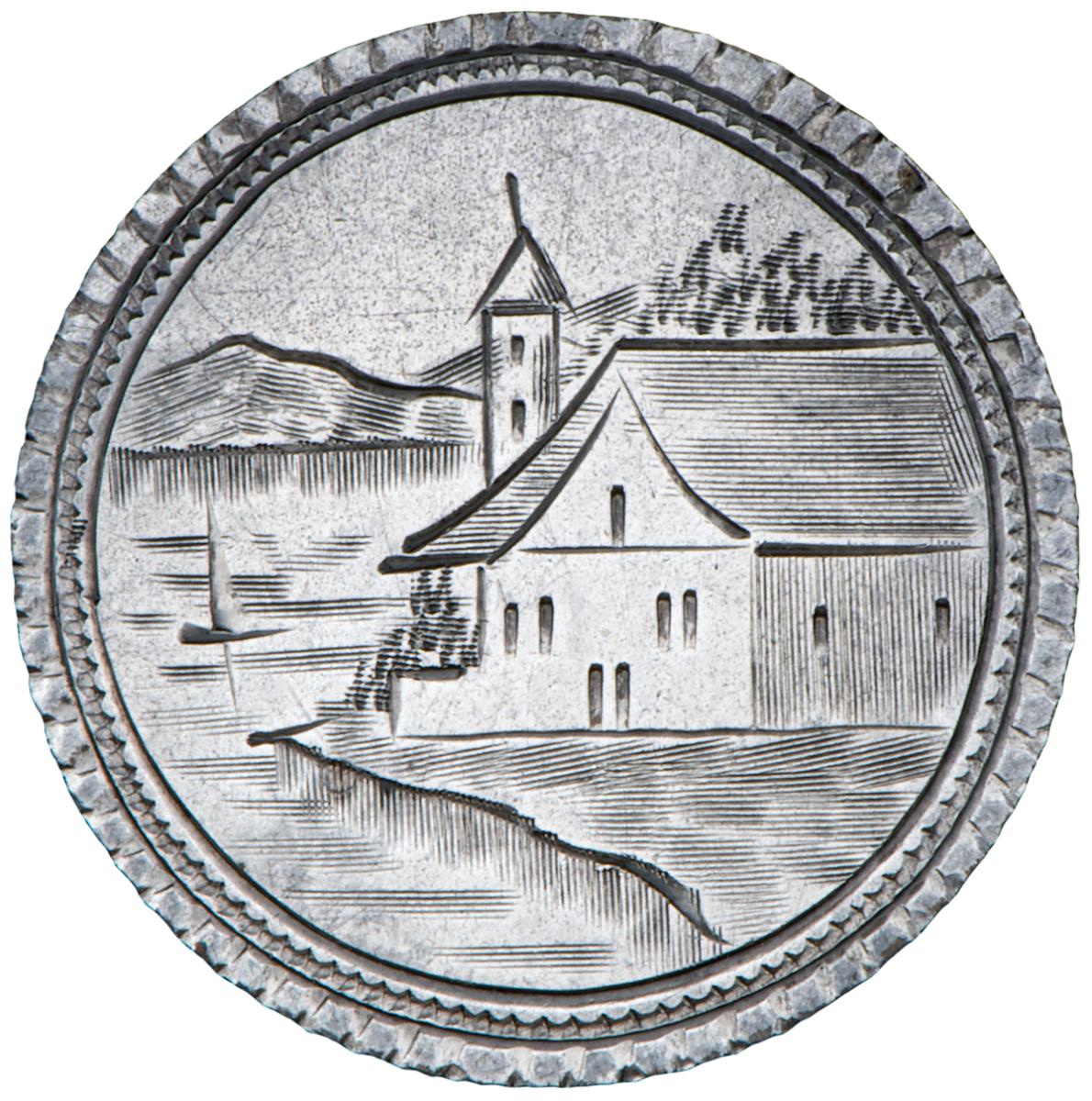 Coin, silver, smoothed and a scene of buildings on a shore with sailboats and mountains in the background.
