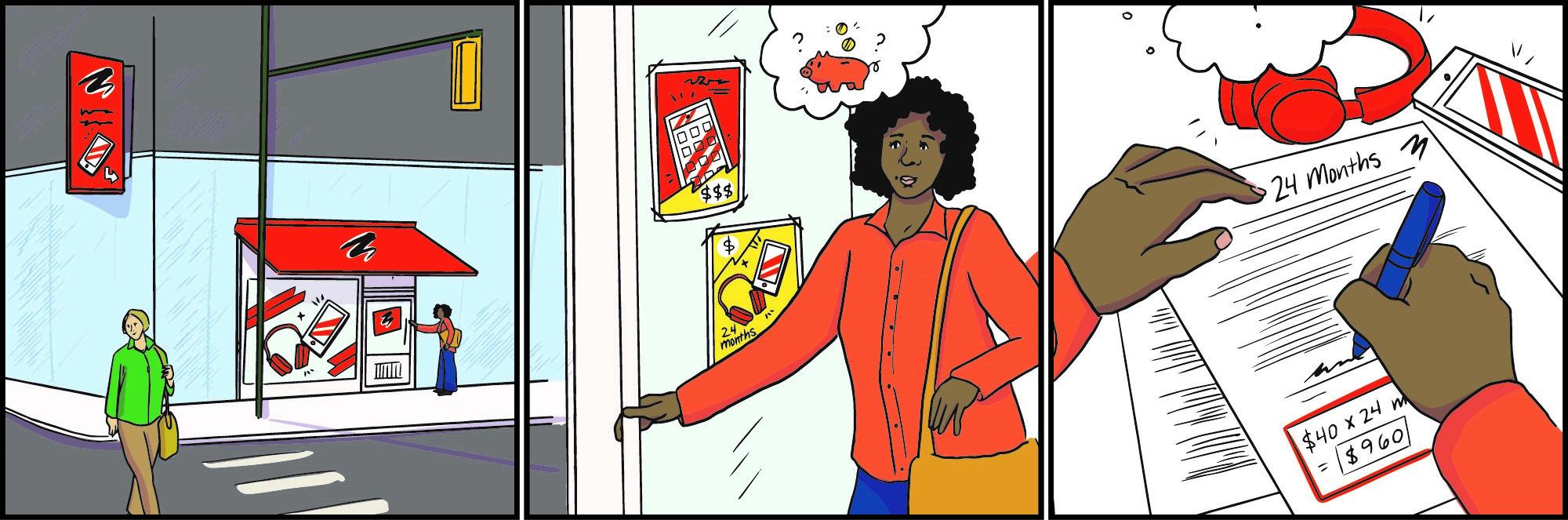 Cartoon, 3 panels, a young woman at a cellphone store, thinking about saving money, chooses contract including headphones.