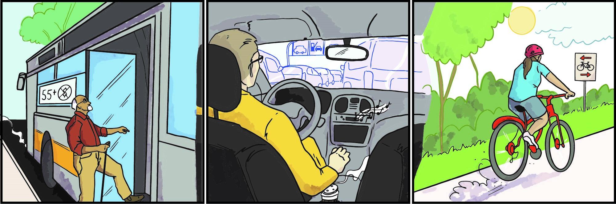  Cartoon, 3 panels, an older man boarding a free bus, a driver stuck in traffic, a happy cyclist riding along a park path.