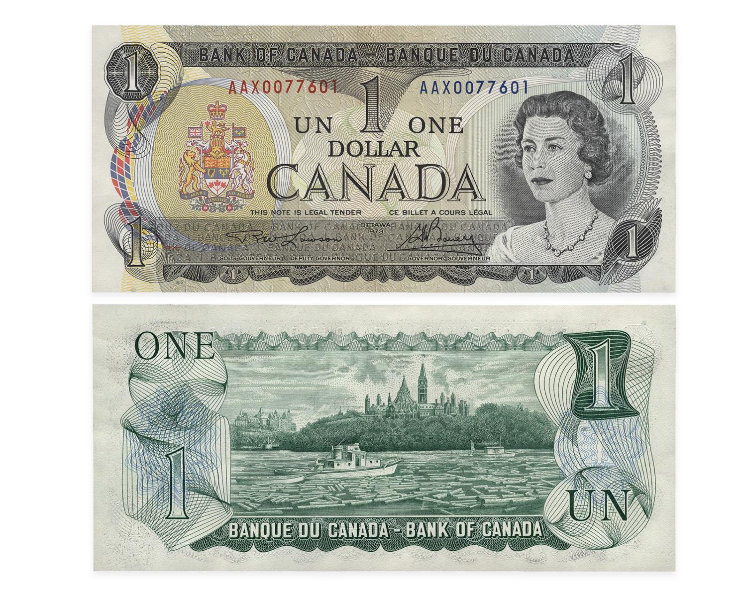 Bank note, both sides, a middle-aged woman with wavy hair and pearls, Queen Elizabeth II, and on the back, a river covered in floating logs.