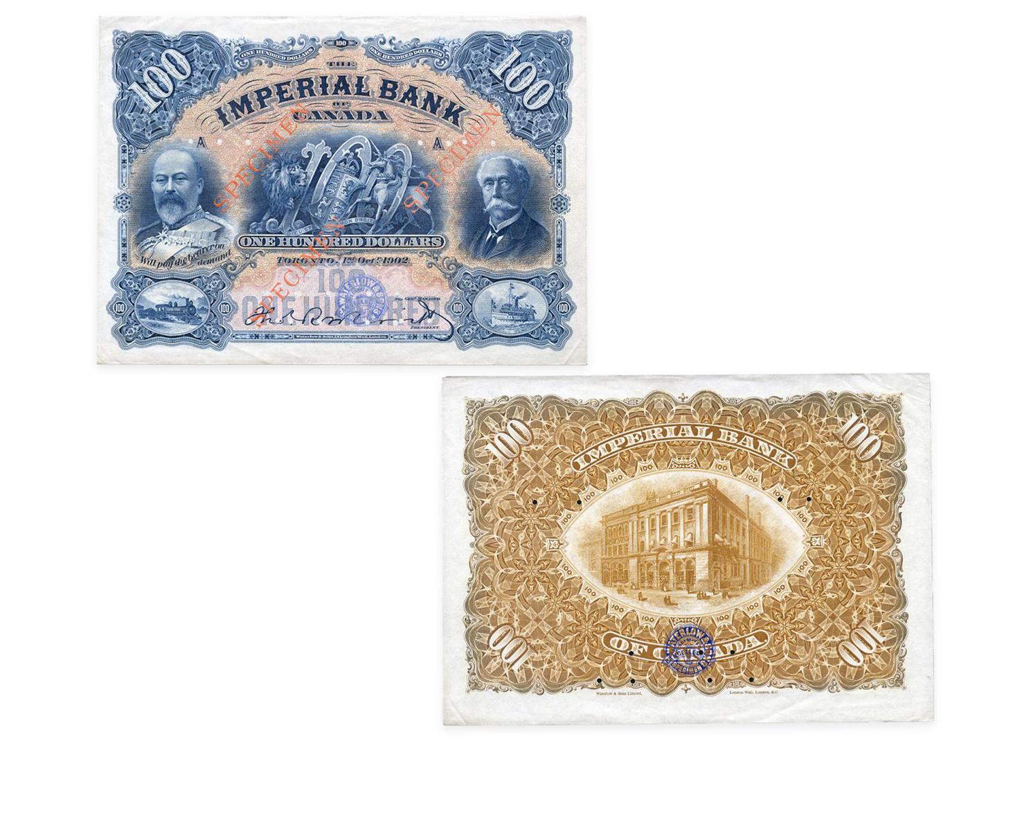 Bank note, both sides, oversized, 2 middle-aged men in suits on the front, with a complicated geometric pattern covering the back.
