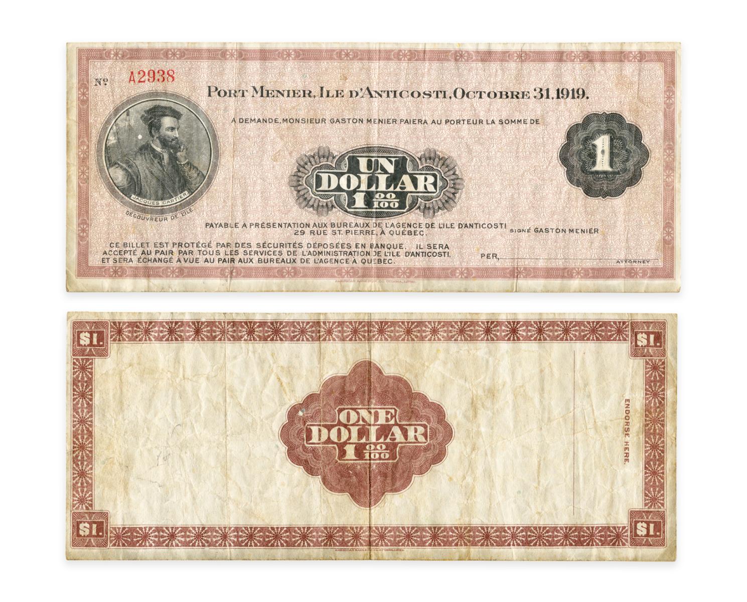Paper money, bearded man in antique clothes (Jacques Cartier), frame of geometric patterns.