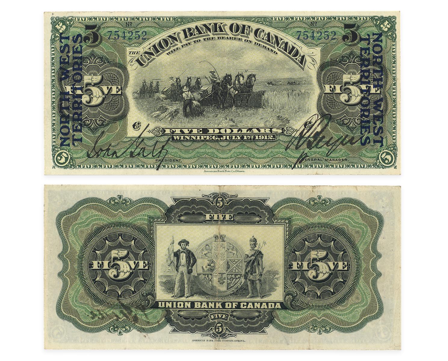 Bank note, teams of horses pulling antique harvesting equipment on front with elaborate, geometric patterns on back.