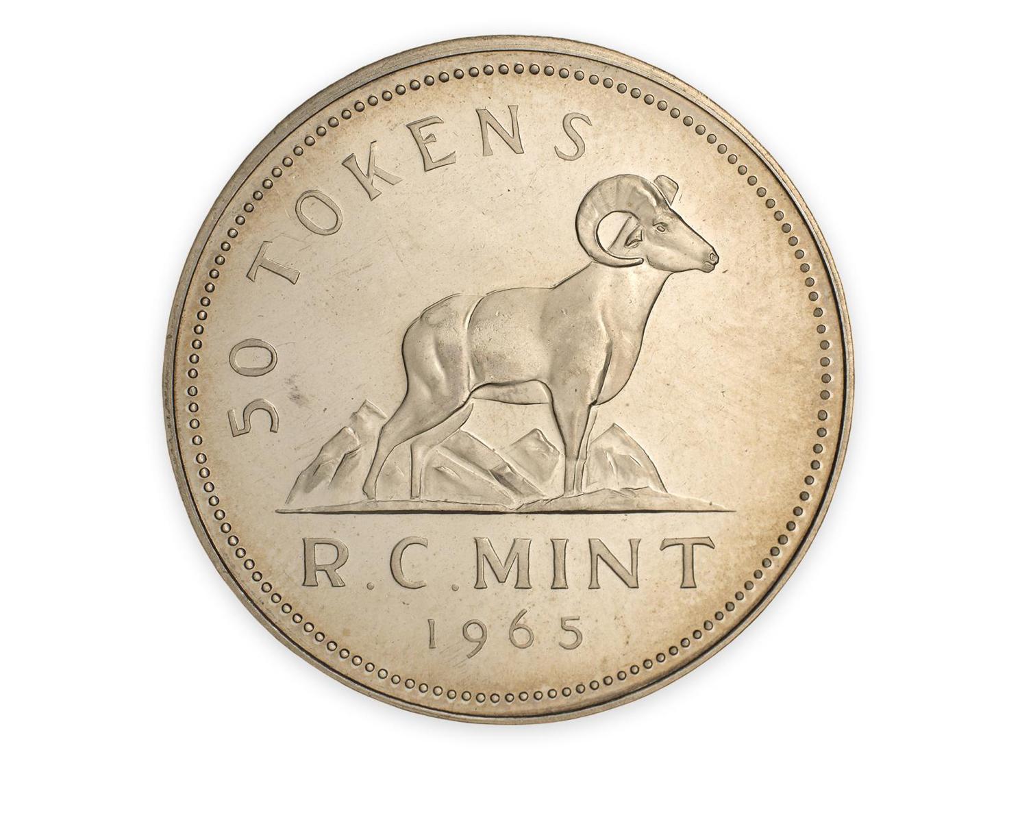 Token coin, silver colour, mountain sheep, the words: 50 tokens R.C. Mint.