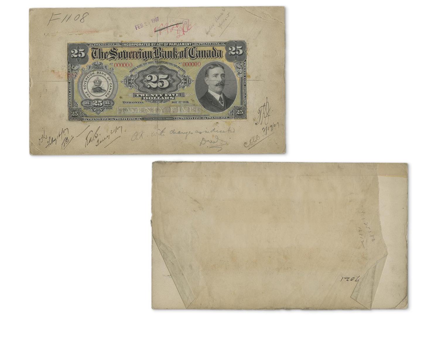 Bank note model with elaborate geometric patterns mounted on paper bearing many signatures.