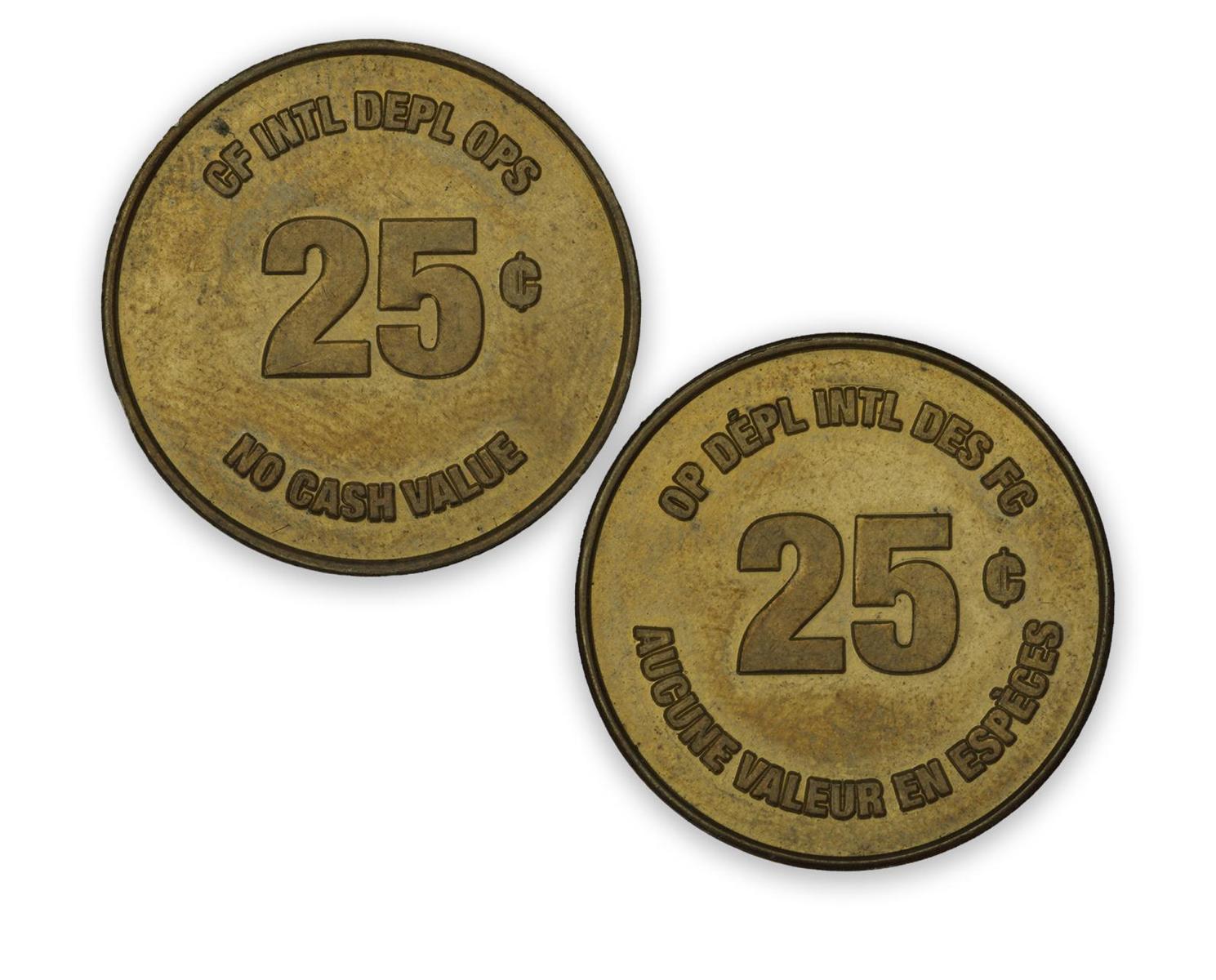 Token, round, gold colour, both sides, 25¢ in large block numbers on both.