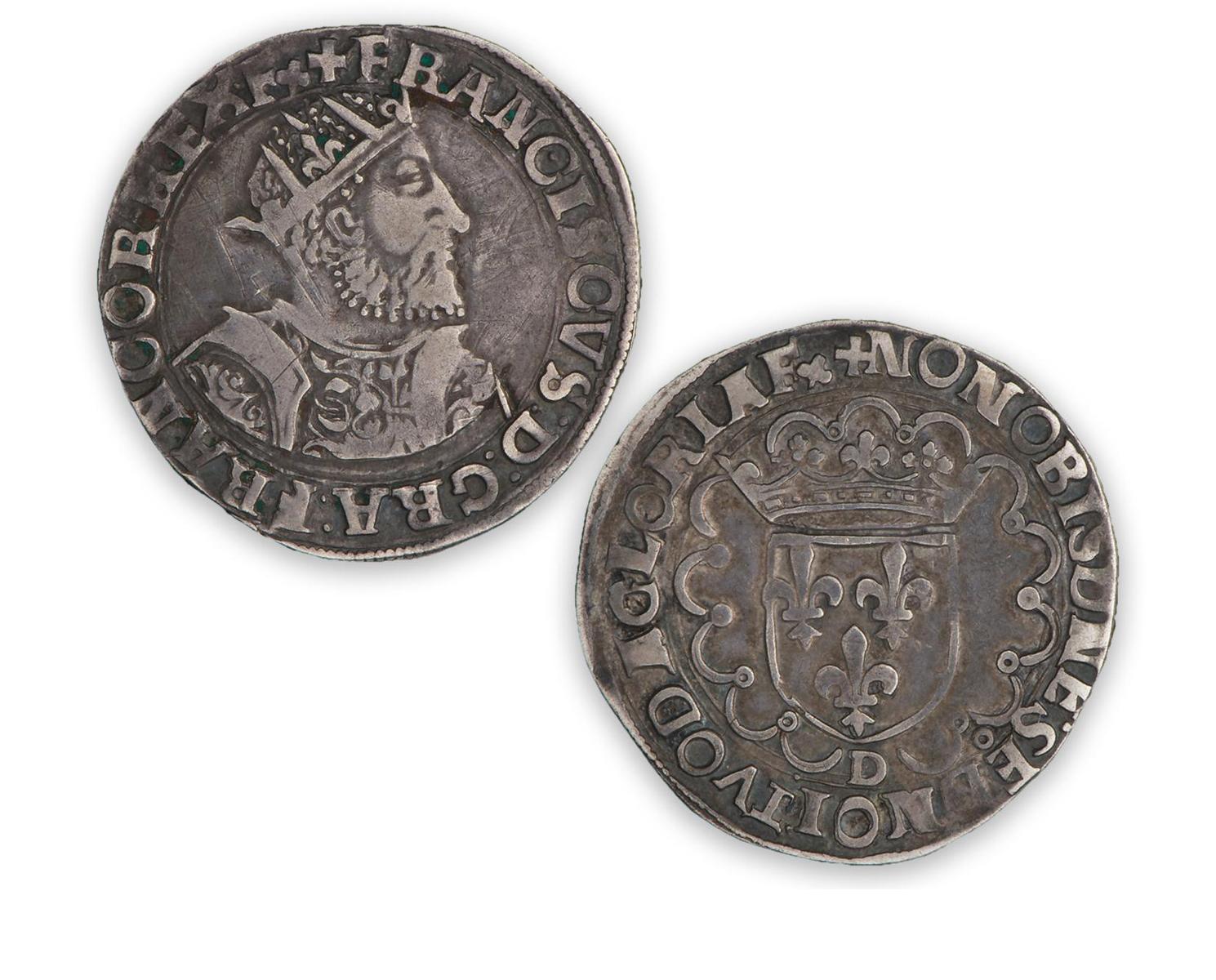 Coin, silver, roughly made, both sides, profile of a bearded man in a crown, the back showing a crowned shield.