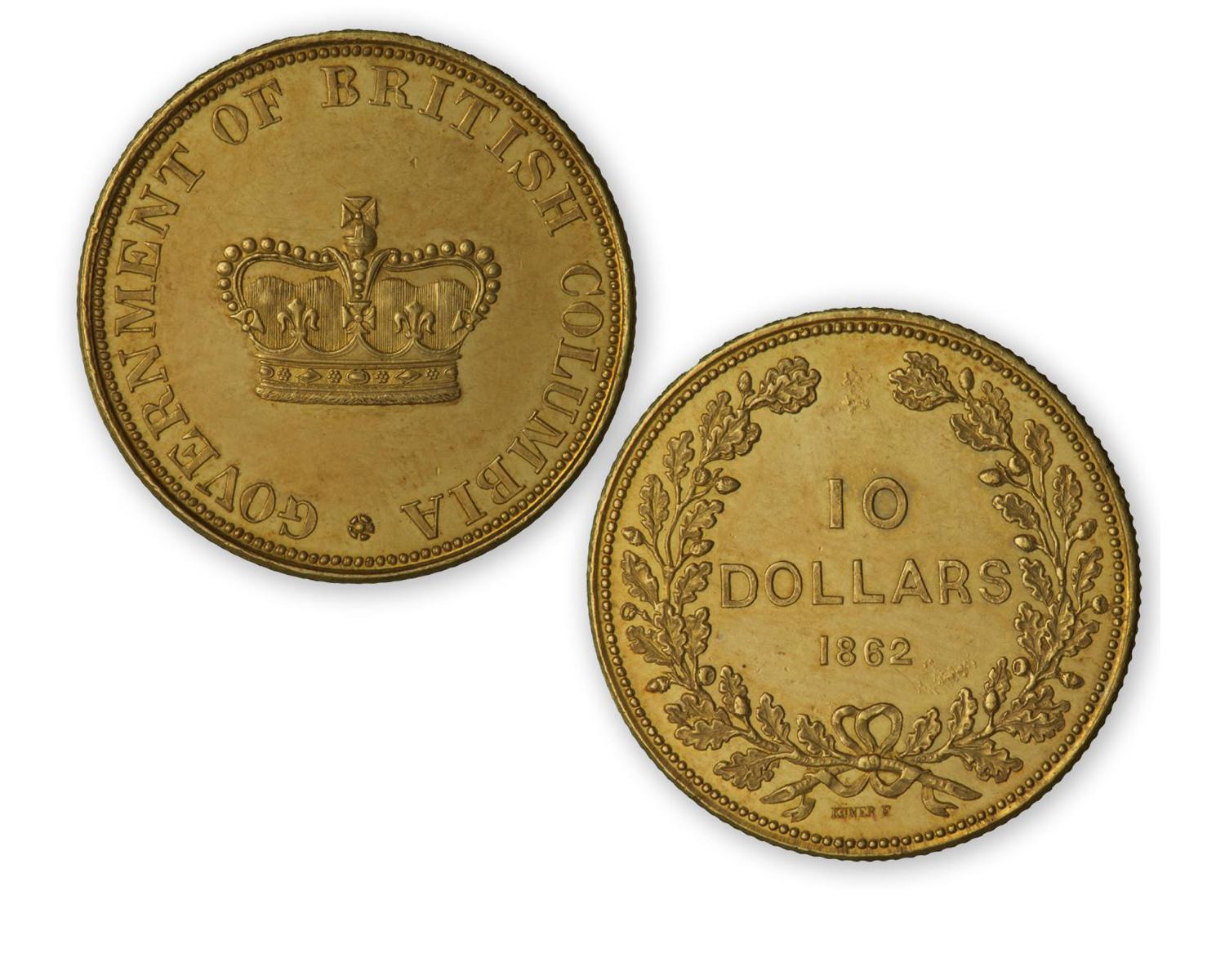 Coin, both sides, laurel leaf wreaths around the edges of the front and a crown on the back.