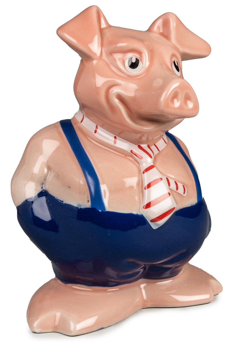 Ceramic pig wearing pants, suspenders and a tie.
