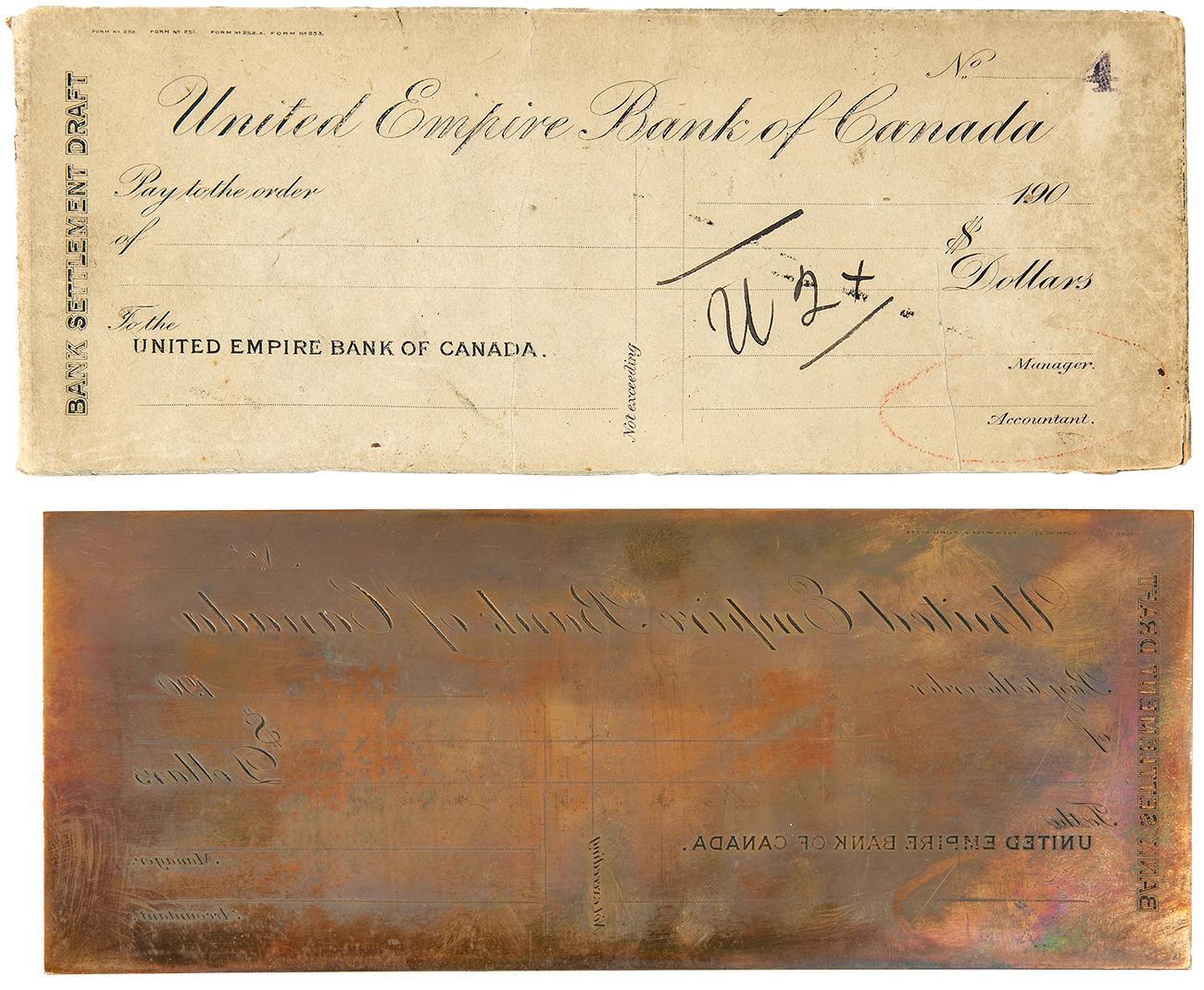 Document, yellowed, above its own copper printing plate.