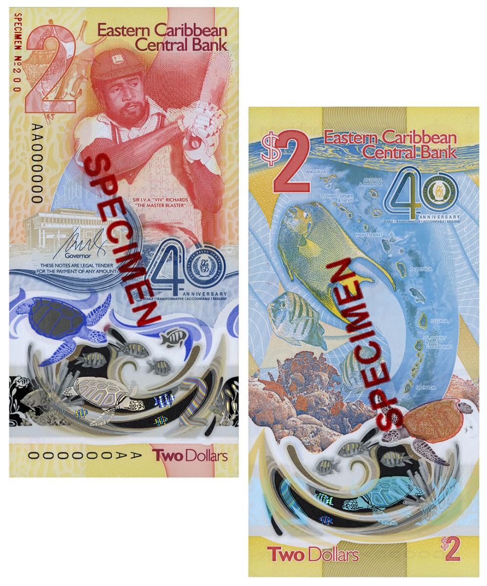 Bank note, both sides, a cricket player with sea creatures on the front, sea creatures on the back.