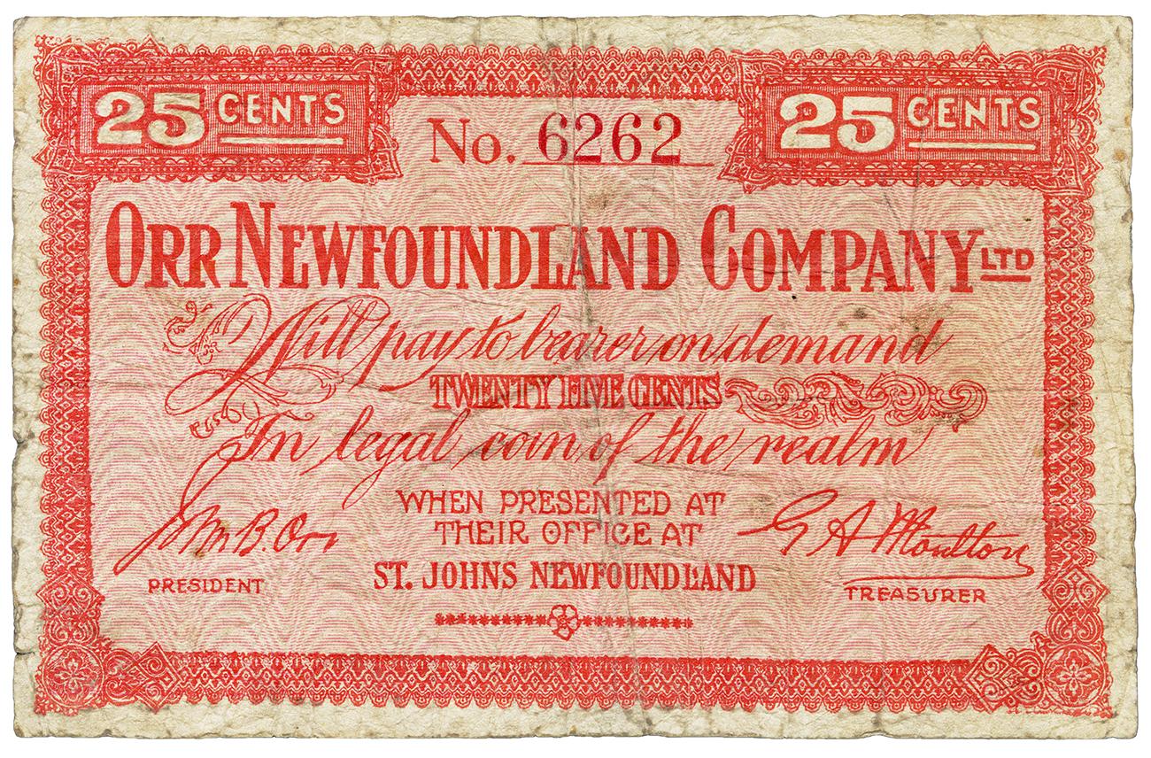 Paper money, red, a geometrically patterned frame, scripted printing.