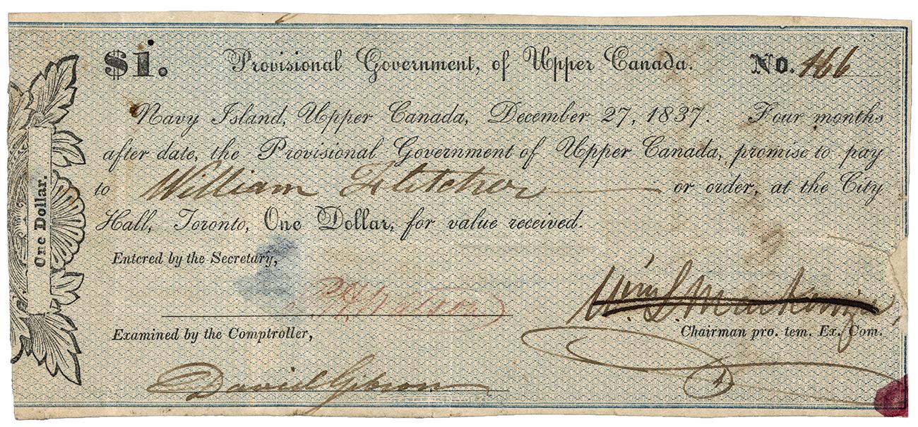 Financial document, hand-written with scripted type, resembles an old, yellowed cheque.